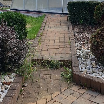 Chodník k bazénu vícebarevná přechodová dlažba před čištěním